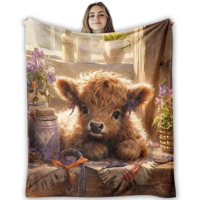 Baby Highland Cow in Flowers Blanket: Cozy Farmhouse Calf Art