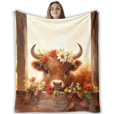 Rustic Highland Calf Blanket: Fluffy Cow with Floral Crown