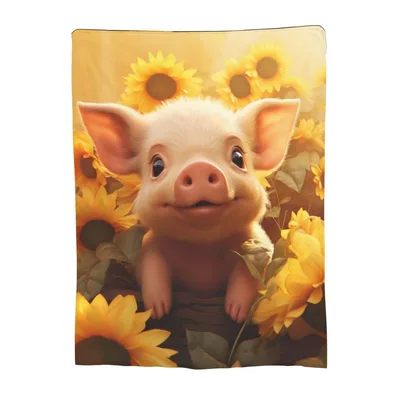 Baby Pig Sunflowers Blanket: Cute Cartoon Animal Throw for Farm Lovers