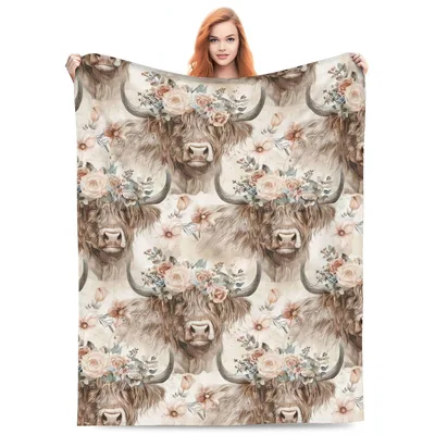 Floral Highland Cows Pattern Blanket featuring shaggy cattle