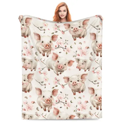 Watercolor Piglets and Blossoms Blanket featuring cute pig faces