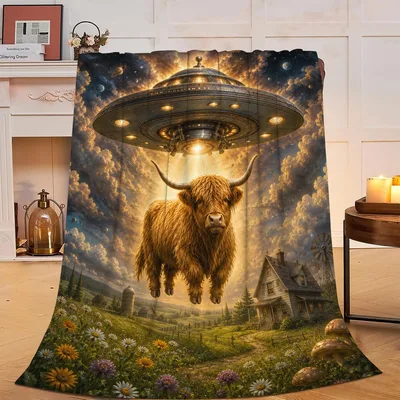 Highland Cow Ufo Blanket: Sci-Fi Farm Art for Space Lovers