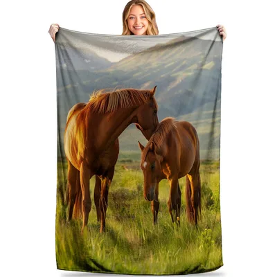 Horse Nature Scene Blanket: Serene Meadow Horses in Golden Light