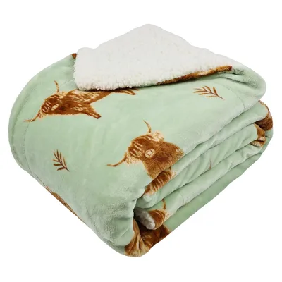 Highland Cow on Sage Blanket: Fluffy Farm Animal Design