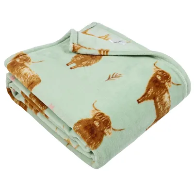 Highland Cows on Mint Blanket: Fluffy Farm Animal Design for Cozy Days