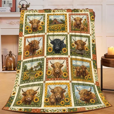Highland Cows and Sunflowers Patchwork Blanket Farm Art