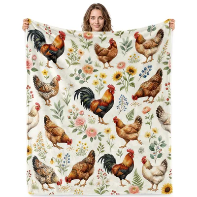 Roosters and Hens in Flowers Blanket for Farm Lovers