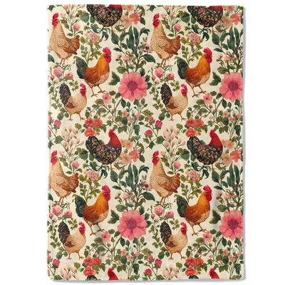 Rooster Chicken Floral Pattern Blanket: Rustic Farmhouse Throw Design
