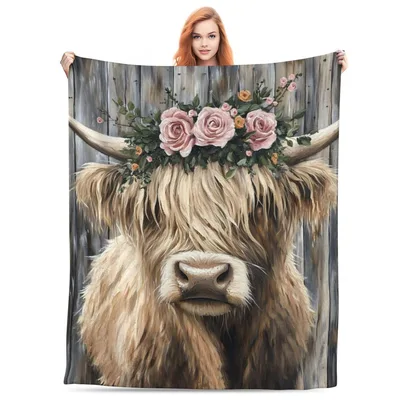 Highland Cow Rustic Farm Blanket: Fluffy Cow with Floral Crown
