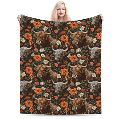 Dark Floral Highland Cows Blanket: Rustic Farm Animal Pattern