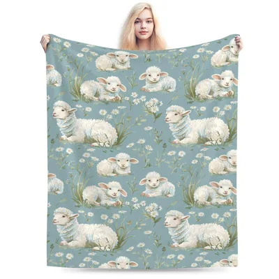 Sheep Lamb Pattern Blanket: Vintage Sheep and Daisies Throw