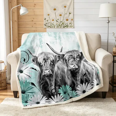 Highland Cows in Teal Blanket: Shaggy Herd with Daisy Floral Art