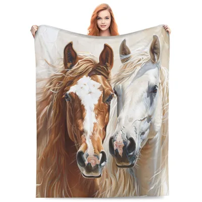 Horse Portrait Art Blanket: Realistic Painting of Two Horses