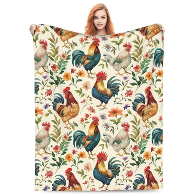 Rooster and Hen Floral Pattern Blanket for Farm Lovers