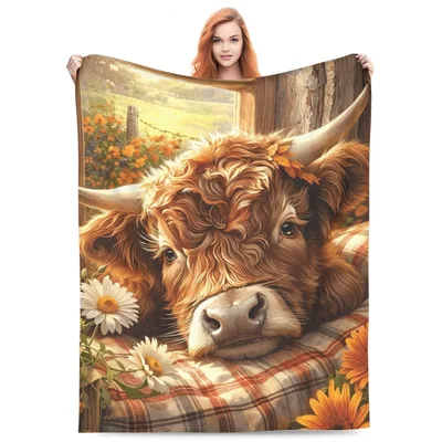 Highland Cow Resting Blanket: Fluffy Farm Animal Art for Cozy Spaces