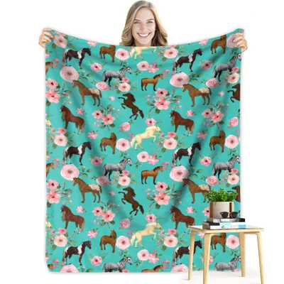 Horses and Pink Flowers Pattern Blanket for Equestrian Lovers