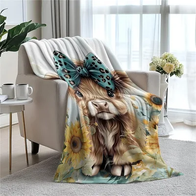 Highland Calf with Teal Blanket: Fluffy Cow and Sunflower Design