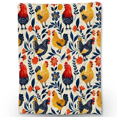 Red Rooster and Hen Blanket: Folk Art Chicken Pattern for Farm Lovers
