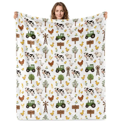 White Background Farm Scene Blanket: Cute Farm Animals Pattern