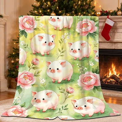 Cute Pigs with Pink Peonies Blanket: Cozy Farm Animal Design