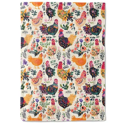 Colorful Chickens and Flowers Blanket: Vintage Rooster Pattern Throw