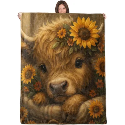Shaggy Highland Calf Among Blanket: Fluffy Cow with Sunflower Crown