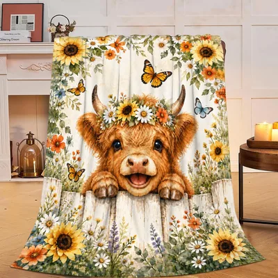 Highland Cow in Sunflower Flowers Blanket: A Calf with a Floral Crown