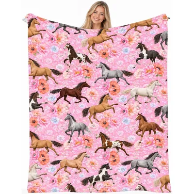Running Horses Pink Floral Blanket: Galloping Equine Art for Your Room