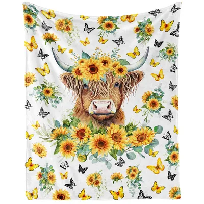 Highland Cow Sunflowers & Butterflies Print Blanket
