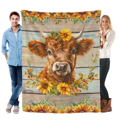 Rustic Wood Plank Highland Blanket: Calf with Sunflowers Design