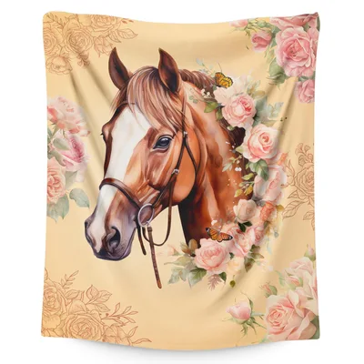 Horse Rose Floral Blanket