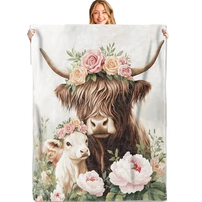 Highland Cow Calf Flowers Blanket: Rustic Floral Art for Farm Lovers