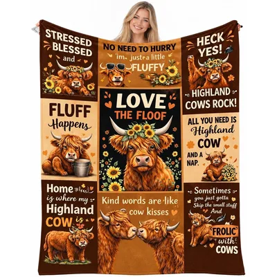 Highland Cow Love Blanket: Fluffy Cows and Sunflower Quotes