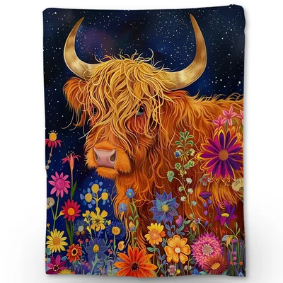 Highland Cow in Starry Blanket: Fluffy Cow Amidst Wildflowers