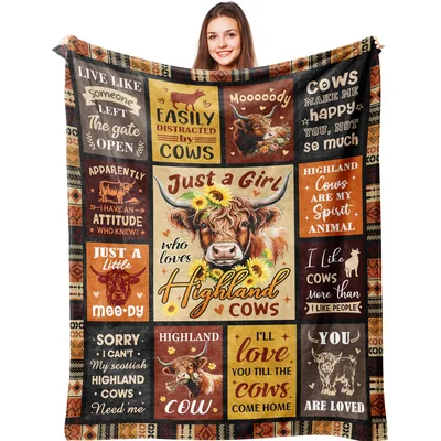 Highland Cows & Sunflowers Brown Patchwork Blanket for Cow Lovers