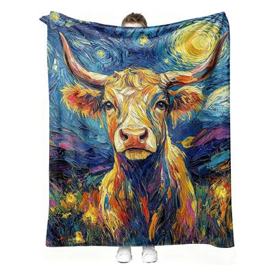 Highland Cow Starry Night Blanket: Artistic Farm Animal Design