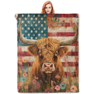 Highland Cow American Flag Blanket: Rustic Farm Animal Art