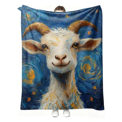 Goat Starry Night Art Blanket featuring a smiling goat portrait