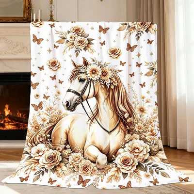 Horse Floral Butterfly Blanket featuring a vintage-style horse adorned