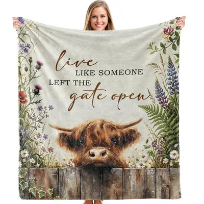Highland Cow Farmhouse Floral Blanket: Rustic Wildflower Design