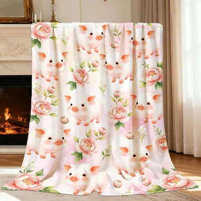 Pink Pig Floral Pattern Blanket: Cute Pigs and Peonies Design