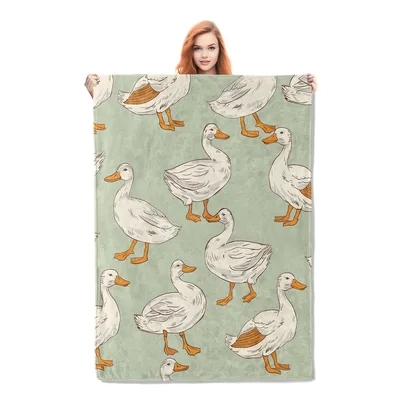 Duck Pattern Animal Blanket: White Duck Illustration on Sage Green