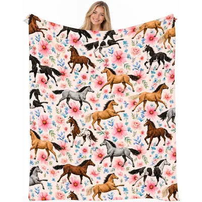 Horses Among Pink Watercolor Blanket: Equestrian Floral Throw