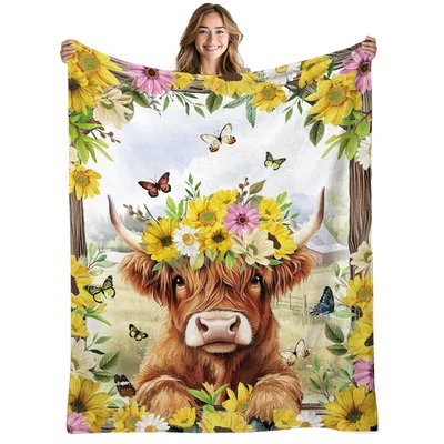 Highland Calf in Sunflowers Blanket: Fluffy Cow with Floral Crown