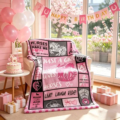 Horse Girl Birthday Blanket features a pink