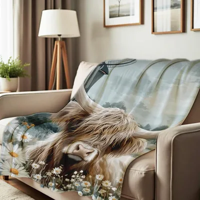 Highland Cow in Daisy Blanket: Shaggy Cattle Among White Flowers