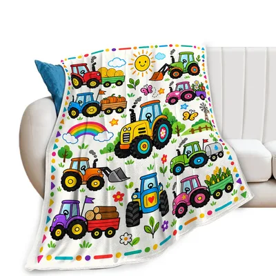 Cartoon Tractors Kids Blanket featuring colorful farm vehicles