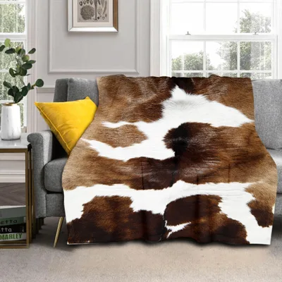 Brown and White Hide Blanket: Western Cow Print Throw