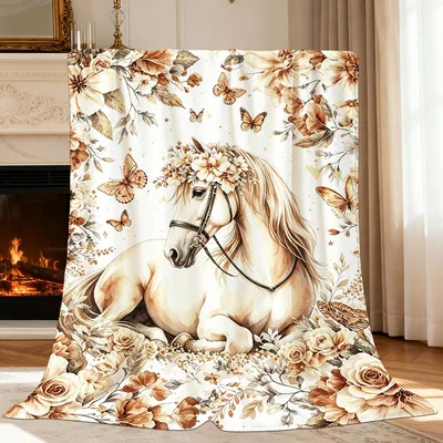 Horse with Flower Crown Blanket: Rustic Equestrian Art