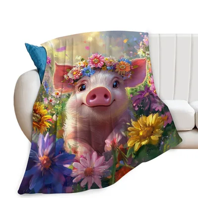 Cute Pig in Flower Blanket: Smiling Piglet with Floral Crown